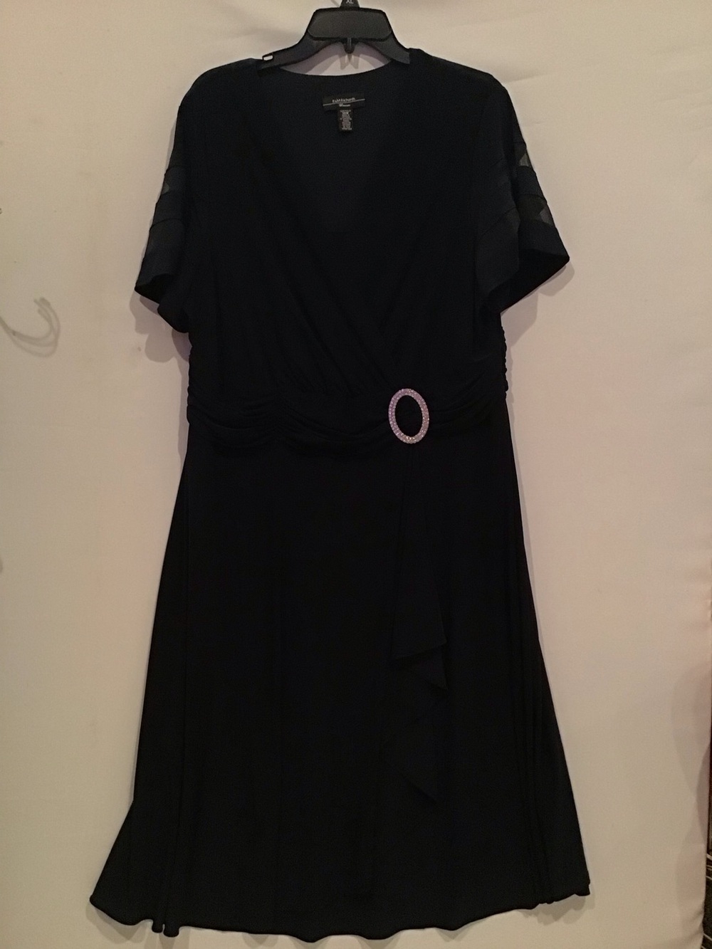 418 R&M Richards Black Midi Dress with Rhinestone Oval Accent